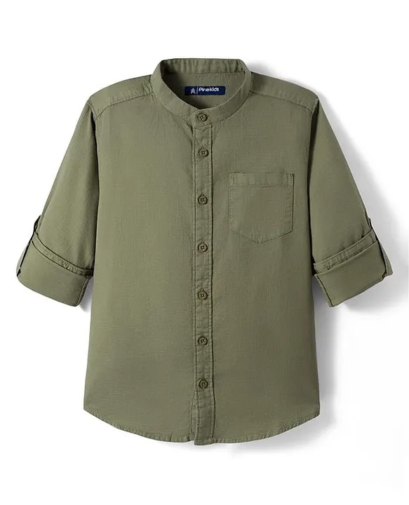 Pine Kids Cotton Woven Full Sleeves Solid Colour Kurta Style Shirt - Light Green